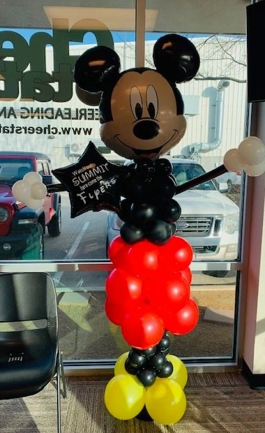 Red, black, and yellow mouse themed balloon column